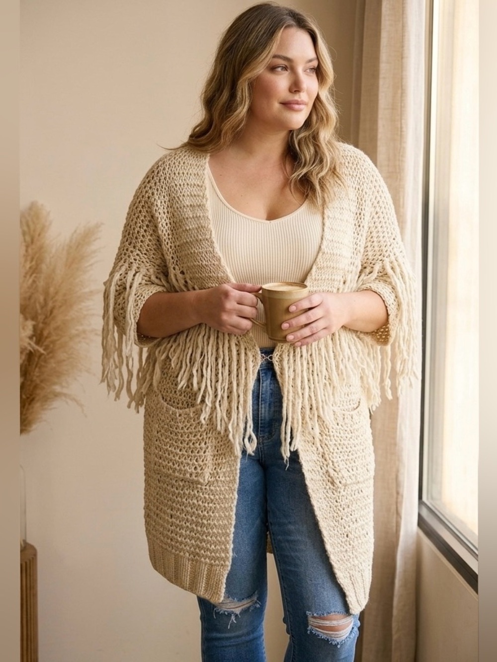 Miss June Paris Boho Fringe Crochet Cardigan Sweater L/XL